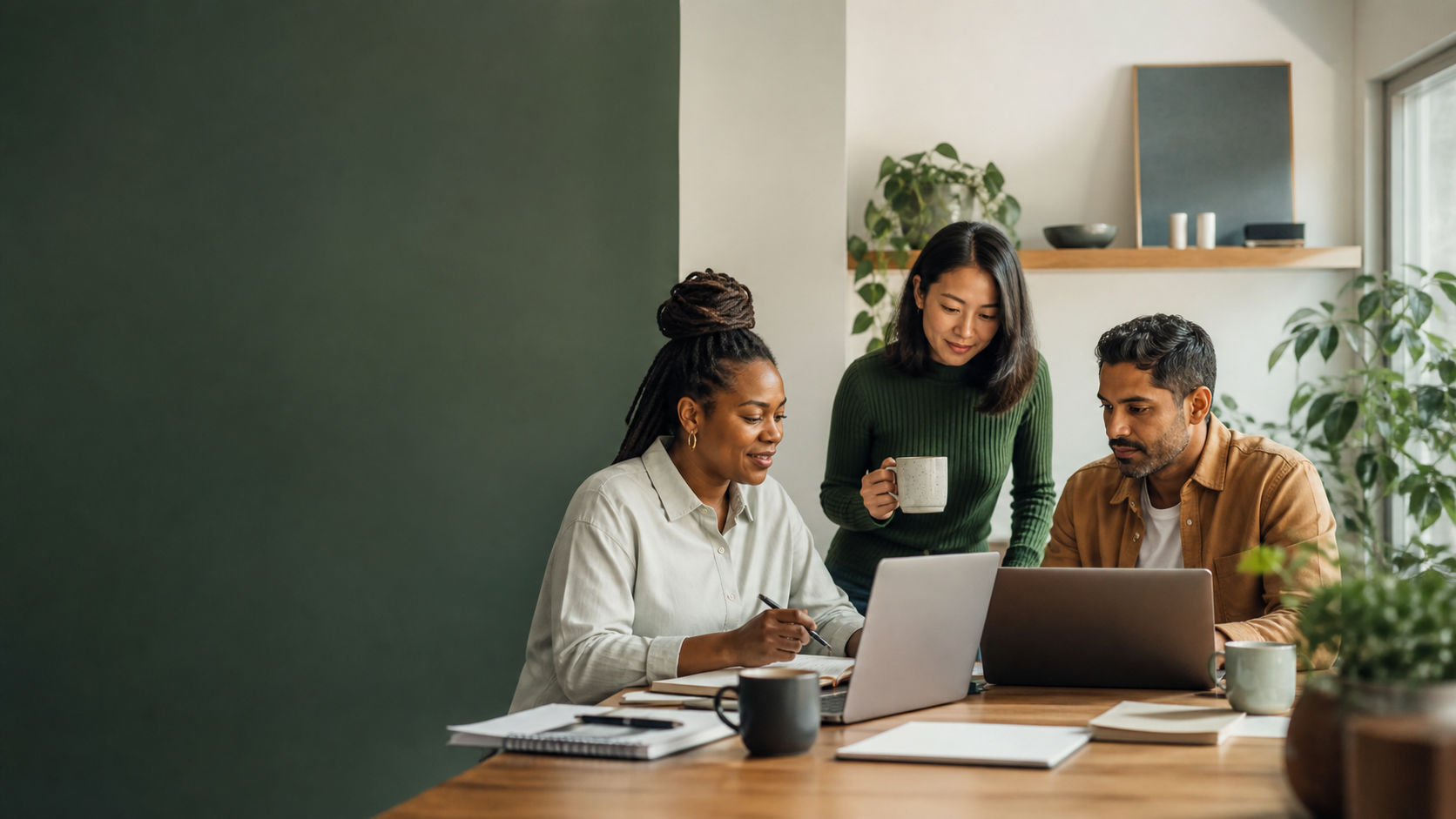 Remote professionals collaborating around laptops and notes